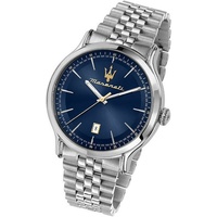 MASERATI Quarzuhr Maserati Edelstahl Armband-Uhr, (Analoguhr), Herrenuhr Edelstahlarmband, rundes Gehäuse, groß (ca. 42mm) blau silberfarben