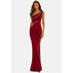 Jerseykleid MODA MINX "Whitney Long Dress", Damen, Gr. S, EURO-Größen, rot (weinrot), 100% Polyester, unifarben, elegant, lang, ohne Ärmel, Kleider, mit asymmetrischem Schnitt