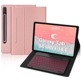 IVEOPPE Samsung Tab S8 Ultra Hülle mit Tastatur 2022, Tastatur für Galaxy Tab S8 Ultra 14.6", Magnetisch Abnehmbarer Tastatur Samsung S8 Ultra mit QWERTZ Layout Pencil Halter, Rosa