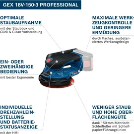 Bosch GEX 18V-150-3 inkl. 1x Schleifpapier, 1x Staubbox, 1x Schutzring