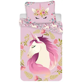 COFI 1453 Einhorn Wende Bettwäsche Blumen Rosa 140 x 200 cm + 70 x 90 cm