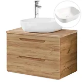 Lomadox Badmöbel Waschtisch Unterschrank Set 81 cm, Wotan Eiche Nb. Dekor, 50 cm Keramik Waschbecken, 2 Softclose-Schubkästen, B/H/T ca. 81/76,5/46 cm