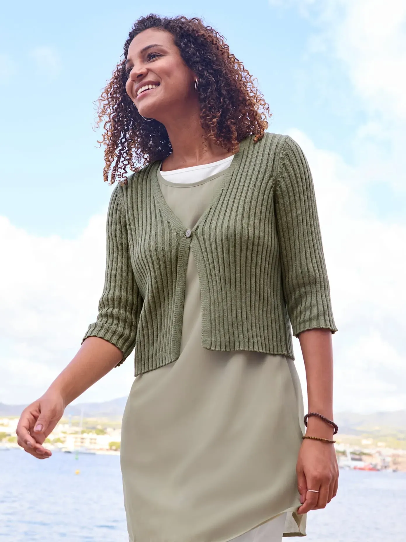 Bolero CASUAL LOOKS, Damen, Gr. 48, khaki, 100% Baumwolle, unifarben, Strickjacken Bolero