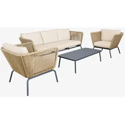 Lounge Gartenmöbelset, Kunststoffbespannung mit Rattanlook, beige Kissen, 5 Personen - Singapour