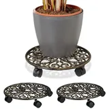 Relaxdays 3 x Pflanzenroller Gusseisen, rund, Ø 33,5 cm, Blumentopfuntersetzer, 4 Rollen, stabil, wetterfest, Blumenroller, bronze
