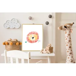 Bild mit Rahmen QUEENCE "Löwengesicht", rot (farbe rahmen: natur, braun, beige, farbe bild(er): rot), B:50cm H:70cm T:1,5cm, Plexiglas, Holz, Bilder, HD Premium Posterdruck mit Echtholzrahmen