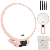 OWill Kosmetikspiegel mit Vergrößerung, Vergrößerungsspiegel 15X/1X, handspiegel mit Griff Doppelseitiger, Kosmetikspiegel Faltbarer, Reisespiegel für Frauen Rosa