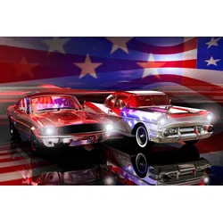 Fototapete PAPERMOON "Amerikanische Autos, Flagge", bunt, B:5,00m L:2,80m, Vlies, Tapeten