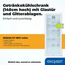 Exquisit Glastürkühlschrank GKS240-GT-160C weiss | Nutzinhalt: 237 L | Türschloss | 6 Gitterablagen | Umluftventilator | Standgerät