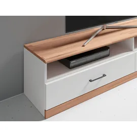 Home Affaire Lowboard HOME AFFAIRE "Ribe,140cm breit,38cm hoch mit 2 Klappen,Oberplatte aus Massivholz", weiß (weiß, kernbuche), B:140cm H:38cm T:35cm, FSC-zertifizierter Holzwerkstoff, Massivholz, Sideboards, Lowboard, Oberplatte Kernbuche massiv,schwarze Metall