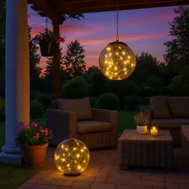 GLOBO 2er Set LED Solar Kugel Deko Lampen Außen Steh Strahler Garten Balkon Hänge Leuchte rauch