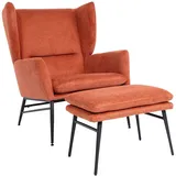 Mendler Lounge-Sessel mit Ottomane HWC-L62, Ohrensessel Polstersessel Cocktailsessel Hocker, Stoff/Textil ~ terracotta-braun