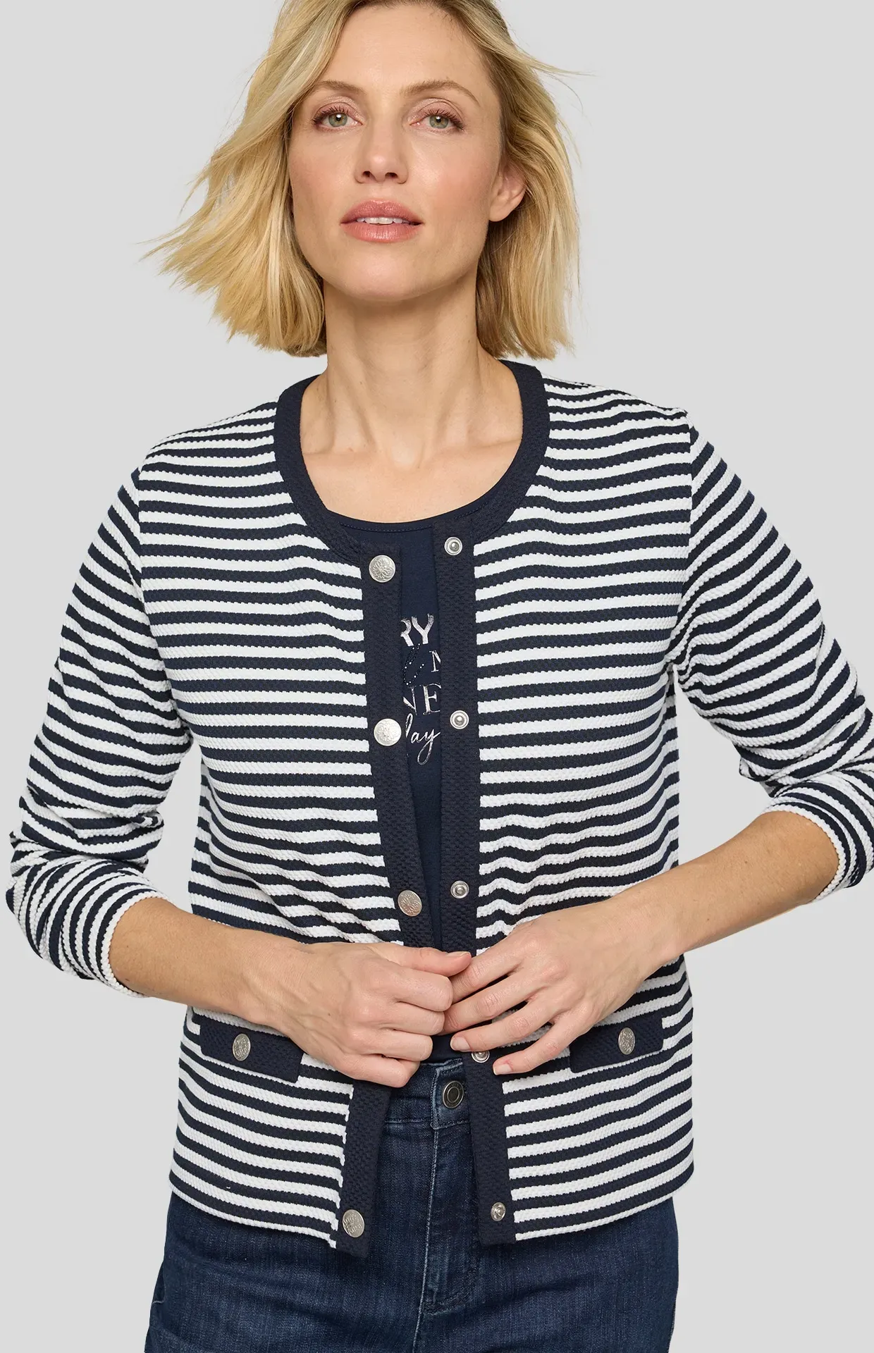 Blouson RABE, Damen, Gr. 38, pazifik, Web, Obermaterial: 83% Polyester, 12% Viskose, 5% Elasthan, gestreift, regular fit normal, Rundhals, gerader Abschluss, Jacken Blouson, mit Streifen Muster