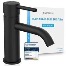 Bächlein Badarmatur Susara mit gebogenem Auslauf, Design Einhebelmischer mit langlebiger Keramikkartusche und Montage-Set, Bad Wasserhahn Matt Schwarz