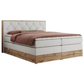 MKS Meble King Boxspringbett 140x200 mit Bettkasten Eiche, Polsterbett 140x200 mit Matratze H4, Bett 140x200 mit Kopfteil, Bett mit Holzrahmen in W... - Weiß