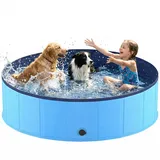 Hundepool faltbar aus kratzfestem PVC-Material, Ø 160 cm, Höhe 30 cm, Anti-Rutsch-Belag & Abflussstopfen für schnelle Entleerung, Keine Pumpe benötigt, robuster Haustierpool, Blau