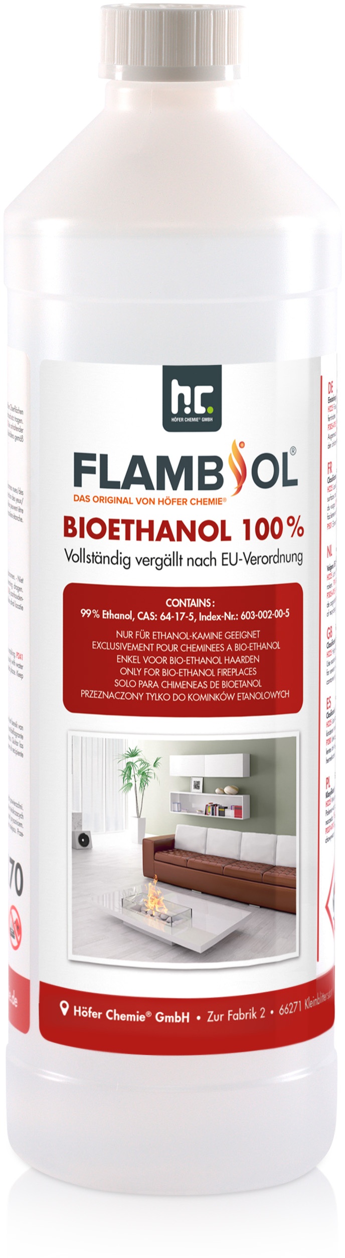 1 x 1 L FLAMBIOL® Bioethanol Hochrein 100 % in Flaschen für Edelstahl-Tisch-Kami...