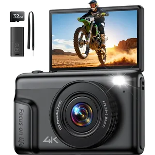 4K 64MP Digitalkamera Kamera Fotokamera: 16X Digital Zoom Kompaktkamera mit 2-Zoll IPS Klappdisplay Fotoapparat - Geschenk Ab 8-18 Jahre Teenager Kids Anfänger - Mini Retro Vlog Camera