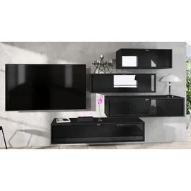 Vladon Wohnwand, Schwarz Hochglanz, Holzwerkstoff, 210x170x37 cm, Wohnzimmer, Wohnwände, Wohnwand-Sets