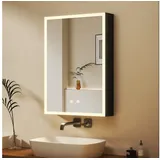 WDWRITTI Badezimmerspiegelschrank mit LED Beleuchtung Spiegelschrank Schwarz mit ohne Steckdose (80x60, 50x70, 40x60cm, Alu-Schranktür, Doppelseitiger Spiegel, 2Touch, Anti-fog, 3Lichtmodi, Dimmbar, Memory) mit Netzadapter, Verstellbare Glasböden schwarz 50 cm x 70 cm x 12.5 cm