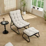 Ball & Cast Outdoor Lounge Sessel, Relaxsessel mit Hocker und Cushion für Garten, Balkon, Wohnzimmer & Schlafzimmer, Weiß