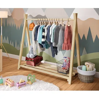 bellabino Ryck Kleiderstange für Kinder – Kleiderständer aus Kiefer Massivholz in Natur/Weiß – Montessori Kindergarderobe für Jungen & Mädchen – Garderobe mit Schuhablage für Kinderzimmer