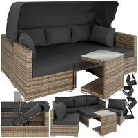 tectake Rattan Sonneninsel Sitzgruppe, Lounge Möbel Set inkl. Sofa mit Sonnendach, Hocker, Sesseln und Tisch, Outdoor Gartenmöbel, Loungemöbel Balkon und Garten, Terrassenmöbel, wetterfest - Natur