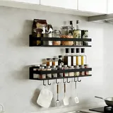 Topnewhome 2er Set 40 cm Gewürzregal Wand Ohne Bohren mit 6 Haken Küchen Wandregal Küchenregal Wandmontage Hängend Hängeregal für Küche Badezimmer Balkon,Schwarz