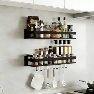 Topnewhome 2er Set 40 cm Gewürzregal Wand Ohne Bohren mit 6 Haken Küchen Wandregal Küchenregal Wandmontage Hängend Hängeregal für Küche Badezimmer Balkon,Schwarz