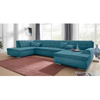 Wohnlandschaft DOMO COLLECTION "Aversa U-Form" Sofas Gr. B/H/T: 364cm x 83cm x 201cm, Luxus-Microfaser, Recamiere rechts, mit Bettfunktion, blau (türkis) wahlweise mit Bettfunktion, frei im Raum stellbar