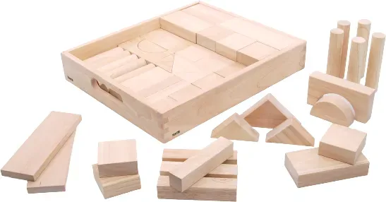 Holzbausteine Mega-Set 54-teilig naturholzfarben Rubberwood, abgerundete Kanten - tickit® - Aufbewahrungstablett, Formenmix