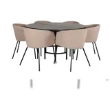 VCM Copenhagen Essgruppe Esstisch braun und 6 Berit Esszimmerstühle beige.