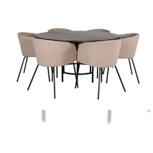 VCM Copenhagen Essgruppe Esstisch braun und 6 Berit Esszimmerstühle beige.