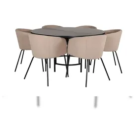 VCM Copenhagen Essgruppe Esstisch braun und 6 Berit Esszimmerstühle beige.
