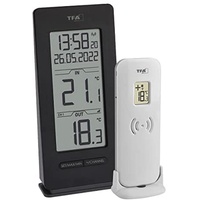 TFA Dostmann Thermometer Innen/Außen, 30.3072.01.90, inkl Funkuhr und Datum, Max.-Min. Funktion, kabellos, Amazon Exklusiv, schwarz