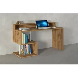 Dmora Schreibtisch Alain, Linearer Schreibtisch mit Ablagefächern und LED-Leuchten, Mehrzweck-Büroschreibtisch mit Platte, 140x60h93 cm, Eiche - Braun