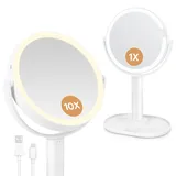 WSIYOK Schminkspiegel mit Beleuchtung, LED Kosmetikspiegel Doppelseitig, 1X 10X Spiegel mit Licht Rund 360° Drehbar, 3 Farblicht Dimmbare Helligkeit, Vergrößerungsspiegel für Reisen Badezimmer