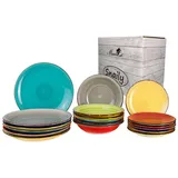 Mambocat Tellerset Malaga Snaily 18-TLG. für 6 Personen | Buntes handbemaltes Dinner-Set | Steingut Tafelservice mit 6X Dessertteller + 6X Speiseteller + 6X Suppenteller