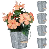 Relaxdays Zinktopf 5er Set, Kräutertopf für Küche, Balkon & Garten, verzinkter Blumeneimer aus Metall mit Henkel, Silber