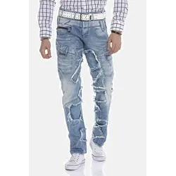 Straight-Jeans CIPO & BAXX "DENIM", Herren, Gr. 38, Länge 34, blau (iceblau), 100% Baumwolle, unifarben, casual, figurumspielend lang, Jeans, bequeme Jeans im trendigen Patchwork-Design, CD617