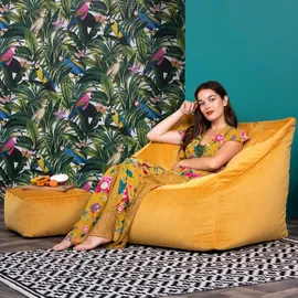 I.C.O.N. Icon Sitzsack Sessel mit Hocker für Erwachsene, Gelb, Flauschiger Samtstoff, Riesen Sitzsack Samt mit Füllung, Bean Bag Chair, Bequemer Sessel Wohnzimmer, Lounge, Schlafzimmer, Büro