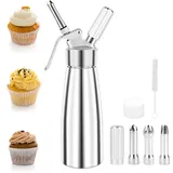 talifoca 500ml Sahnespender, Sahnespender aus Aluminium, Sahnesyphon Aluminium mit 3 Edelstahl Deko-Düsen und 1 Reinigungbürste, Auslaufsicher Schlagsahnebereiter für Sahne Flasche Desserts Warme