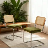 Esszimmerstuhl Aus Chrom Und Rattan In Grün, Samtsitz, Stapelbar, Modernes Design,53×46.4×84.6cm