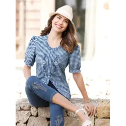 Trachtenbluse CLASSIC BASICS, Damen, Gr. 54, blau (jeansblau, weiß, kariert), 65% Polyester, 35% Baumwolle, gemustert, kariert, mehrfarbig, Rundhals, Kurzarm, Blusen