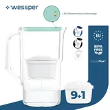 Wessper 2,8 l Wasserfilterkrug mit LED-Zähler Kompatibel mit Brita Maxtra | Set aus 10 Wasserfilterkrug + Wasserfilterkartusche - Minze - Grün