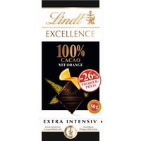Lindt Schokolade EXCELLENCE 100 % Kakao + Orange, Promotion | 50 g Tafel | Extra intensiv | 100% Kakaoanteil und fruchtige Orangen Stückchen | Dunkle Schokolade | Vegane Schokolade |Schokoladentafel