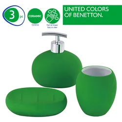 Benetton - 3-teiliges Badezimmerzubehör-Set (Glas + Seifenspender + Seifenschale) aus regenbogengrüner Keramik