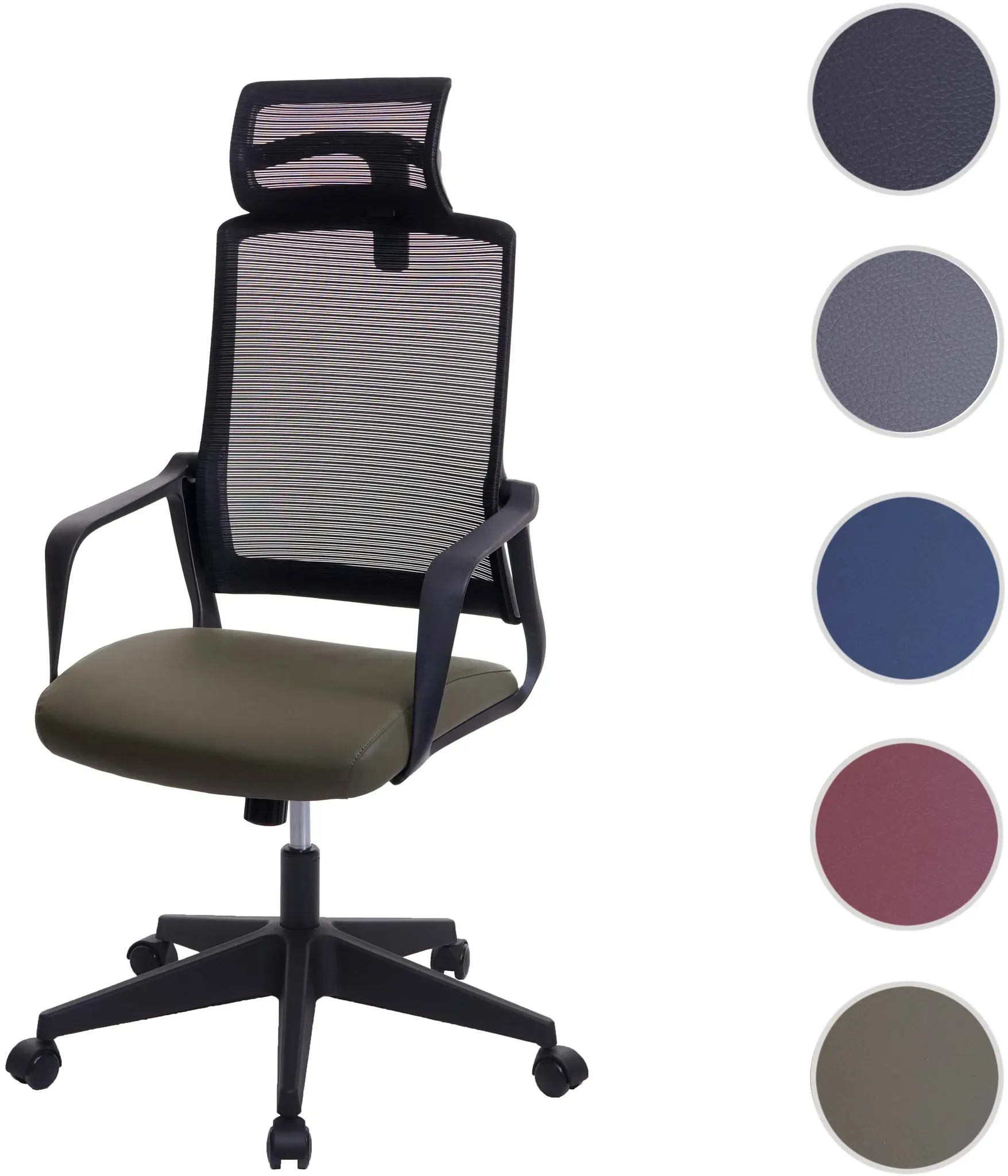 Bürostuhl HWC-J52, Drehstuhl Schreibtischstuhl, ergonomisch Kopfstütze, Kunstleder ~ olivgrün