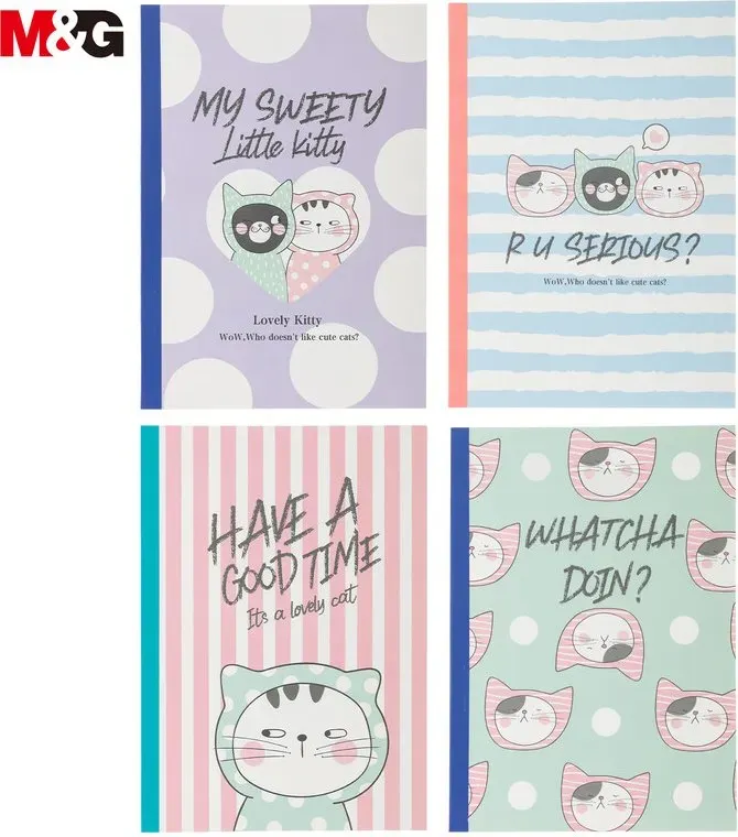 M&G So Many Cats Notizbücher, 4 Stück A5, 40 Blatt / 80 Seiten Liniert, Notizhefte ohne Spiralbindung für Schule und Büro