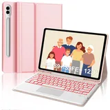 IVEOPPE Tastatur für Samsung Galaxy Tab S9FE Plus, Hülle mit Tastatur für Samsung Tab S9+ 12.4", Magnetisch 7-Farbige Beleuchtung Touchpad Tastatur QWERTZ Galaxy S9+/S9FE+ Tablet 12.4 2023, Rosa